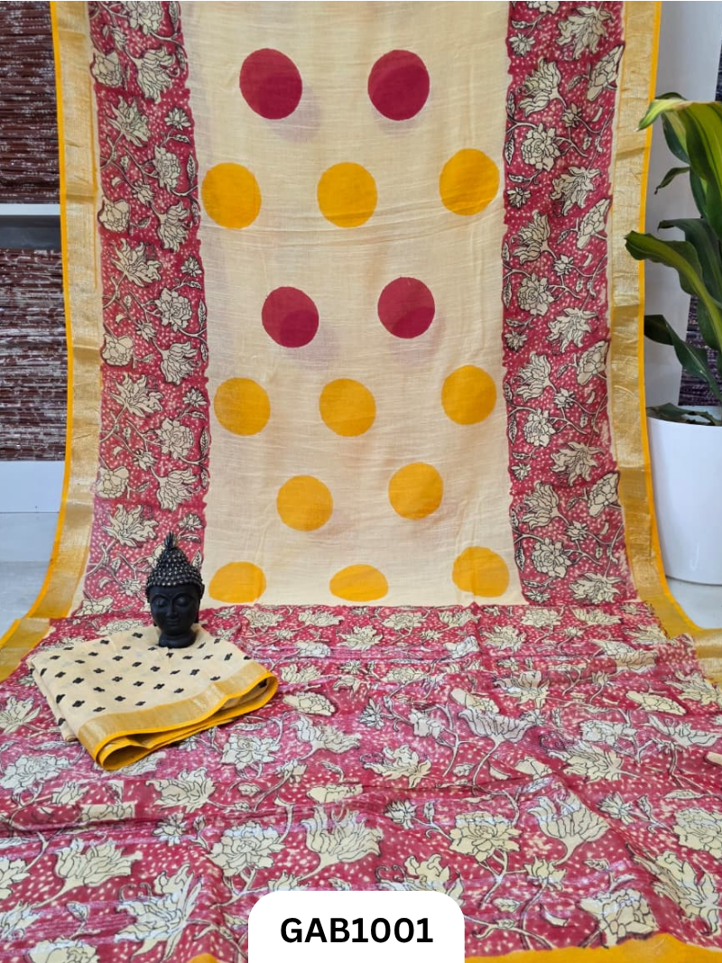 Bagru Handblock Print Linen Saree With Attached Blouse