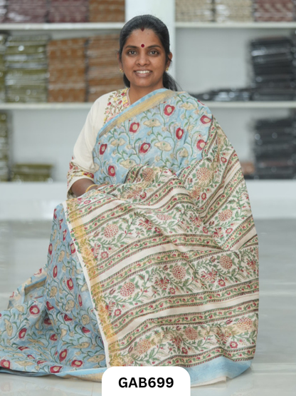 Hand Block Printed Maheshwari Silk Saree