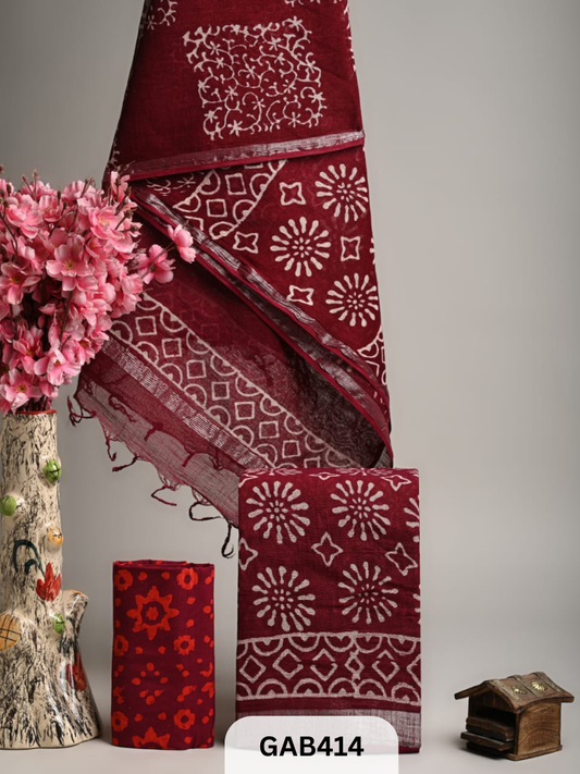 BAGRA HAND BLOCK PRINTED LINEN SUITS WITH ZARI BORDER - 3 pcs