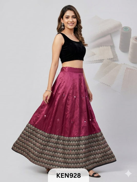 MASHRU NATURAL PLAIN &PRINTED KALI SKIRT WITH MIRROR WORK