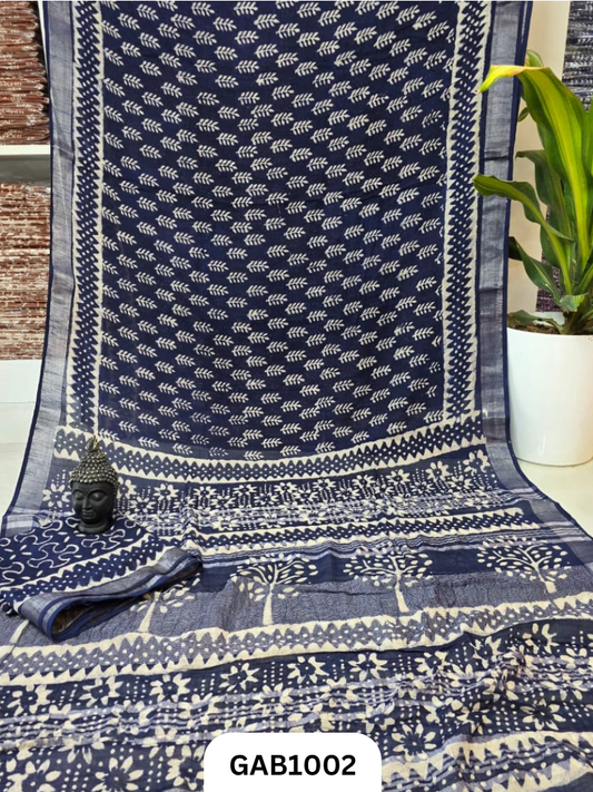 Bagru Handblock Print Linen Saree With Attached Blouse