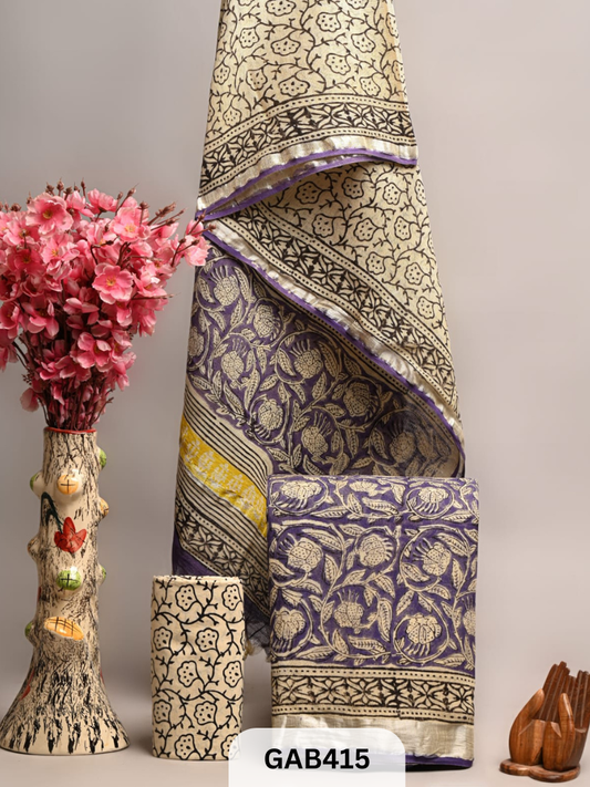 BAGRA HAND BLOCK PRINTED LINEN SUITS WITH ZARI BORDER - 3 pcs