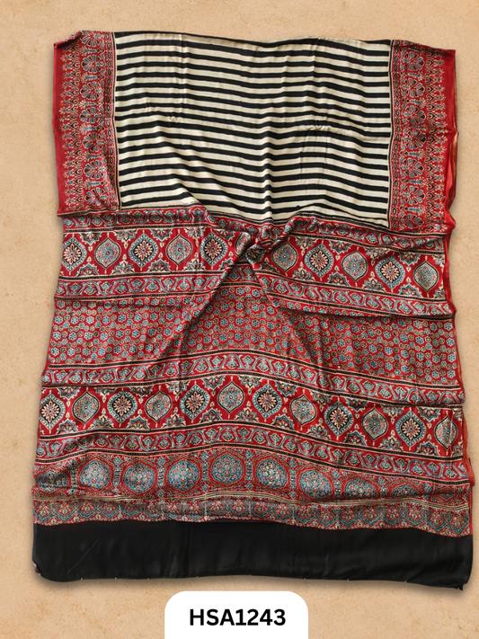 Natural Dye Vegetable Hand Block Print Ajrakh Print Pure Modal Silk Saree