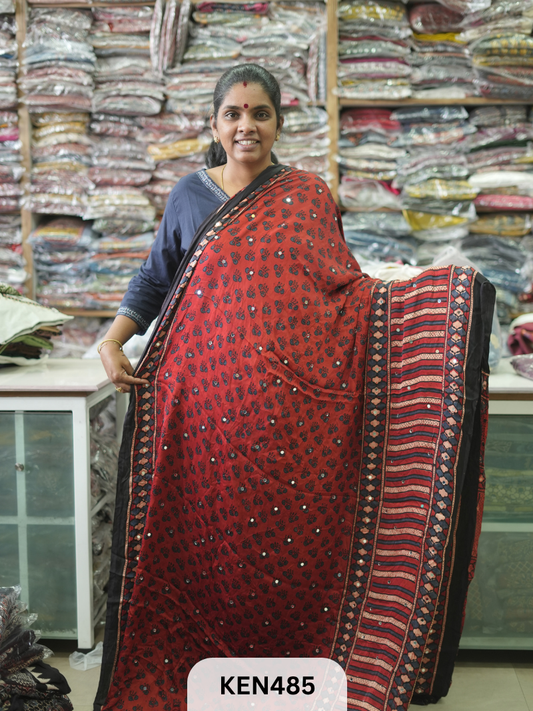 MODAL NATURAL AJRAKH HANDBLOCK SAREE WITH GLUE MIRROR