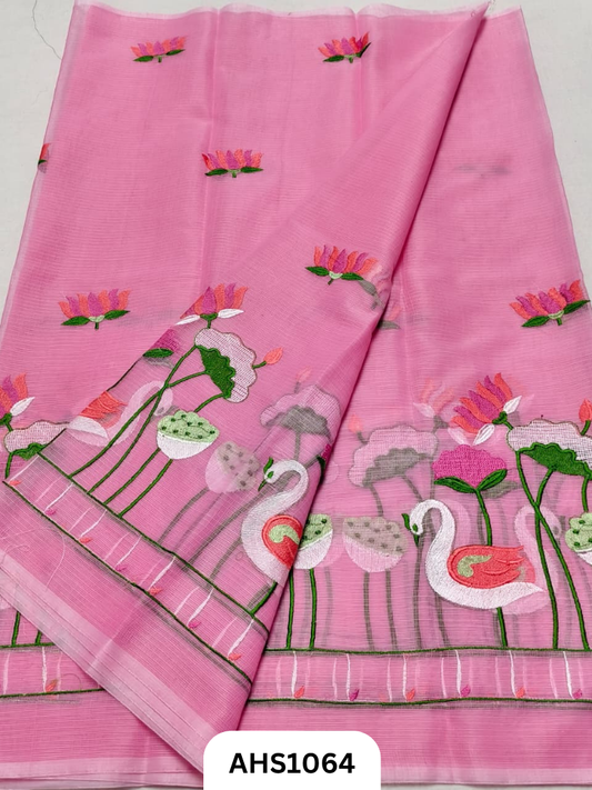 Kota Cotton Lotus & Swan Embroidery  Work Saree with Blouse