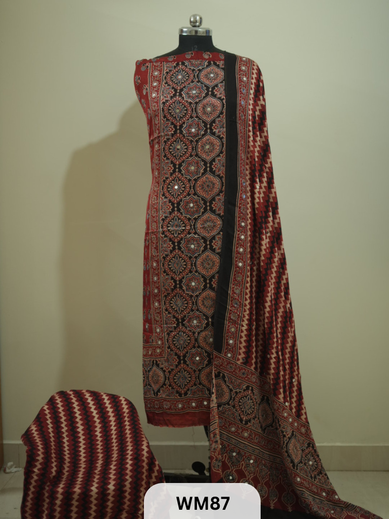 MODAL AJRAKH WITH GLUED MIRROR SALWAR SUIT - 3PCS