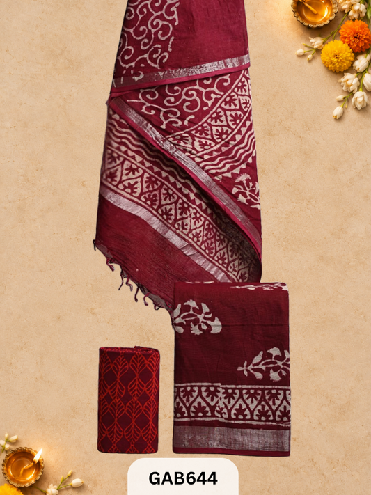 Bagru Hand Block Printed Linen Suits With Zari Border