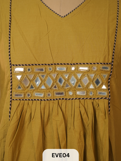 PLAIN COTTON KURTI WITH MIRROR WORK AND AJRAKH PRINT