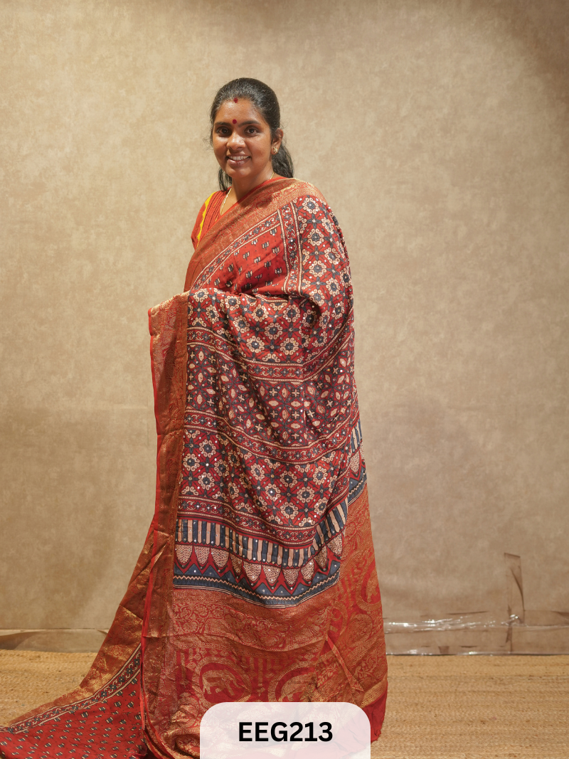 AJRAKH DOLA SILK SAREE WITH MIRROR WORK - IMMEDIATE DISPATCH