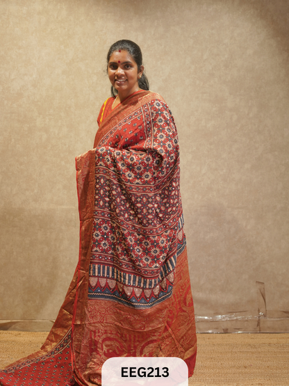 AJRAKH DOLA SILK SAREE WITH MIRROR WORK - IMMEDIATE DISPATCH