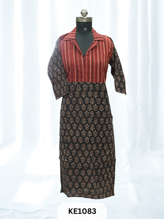 PURE VEGETABLE  PRINT COLLAR KURTI - STRAIGHT LONG