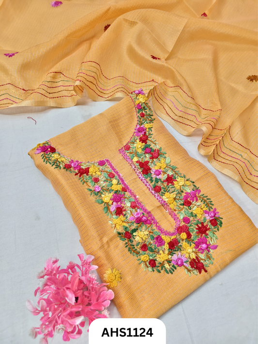 Tissue Kota Doria With Hand Fullkari Work Salwar Suit - Top & Duppatta 2.5mtr