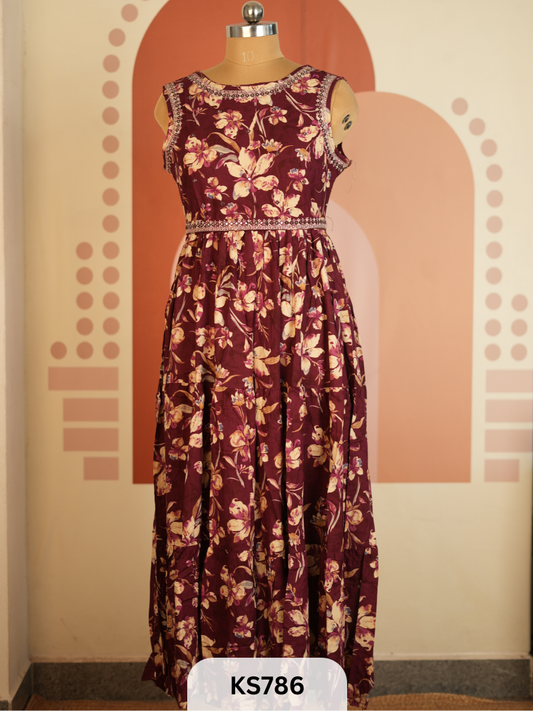 MADNESS-FLORAL VISCOSE LONG GOWN - SLEEVE ATTACHED