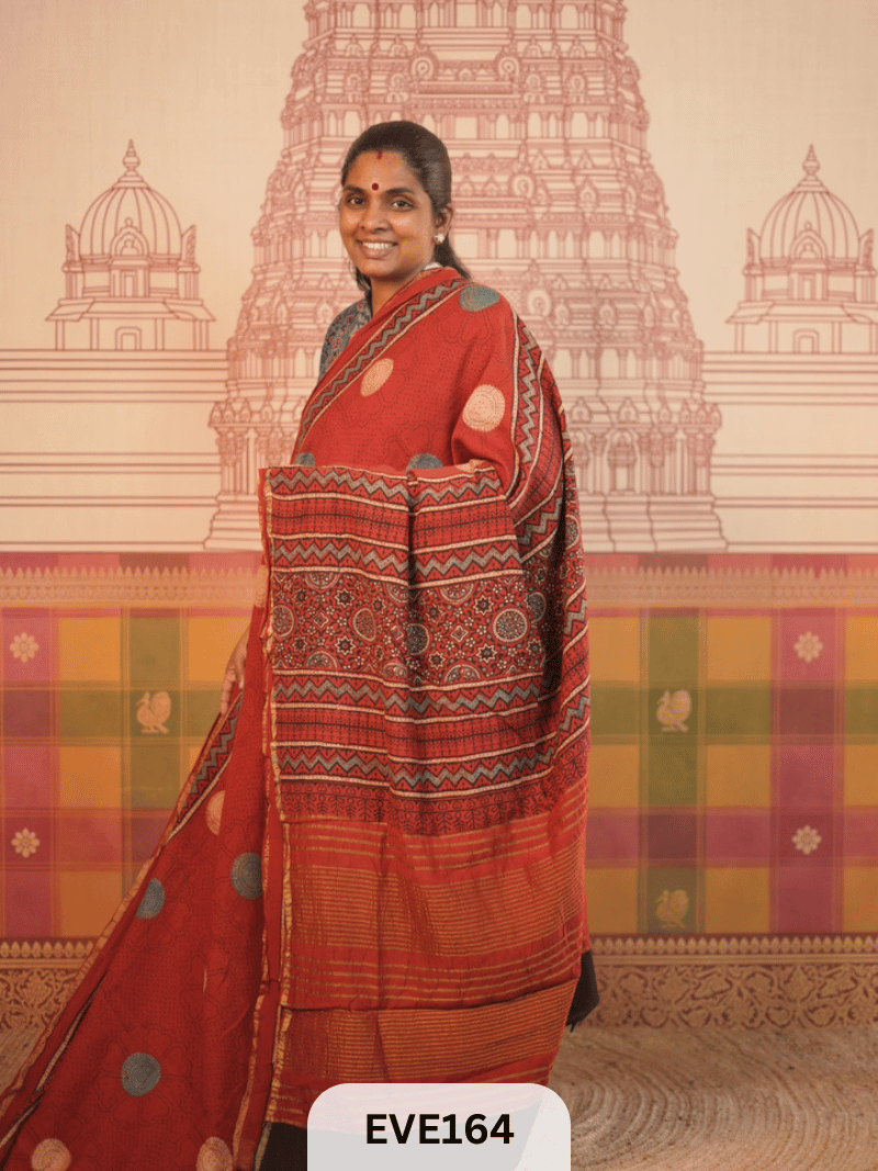 PURE CHANDERI SILK AJRAKH HANDBLOCK SAREE