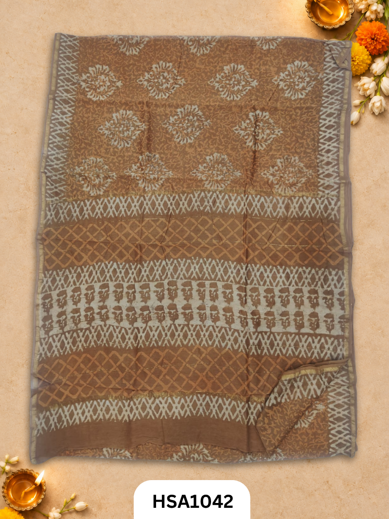 Pure Hand Block Printed Chanderi Silk Saree With Printed Blouse