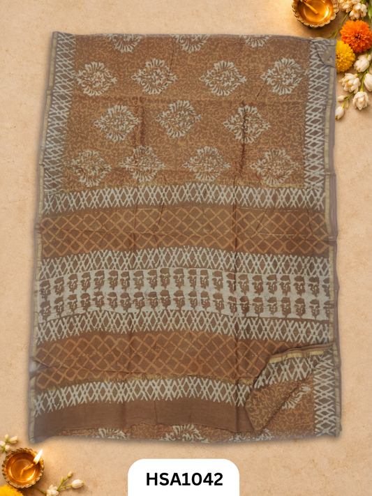 Pure Hand Block Printed Chanderi Silk Saree With Printed Blouse