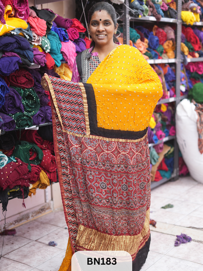 AJRAKH BANDHEJ WITH SKIRT BORDER SAREES | MODAL GAJI FABRIC