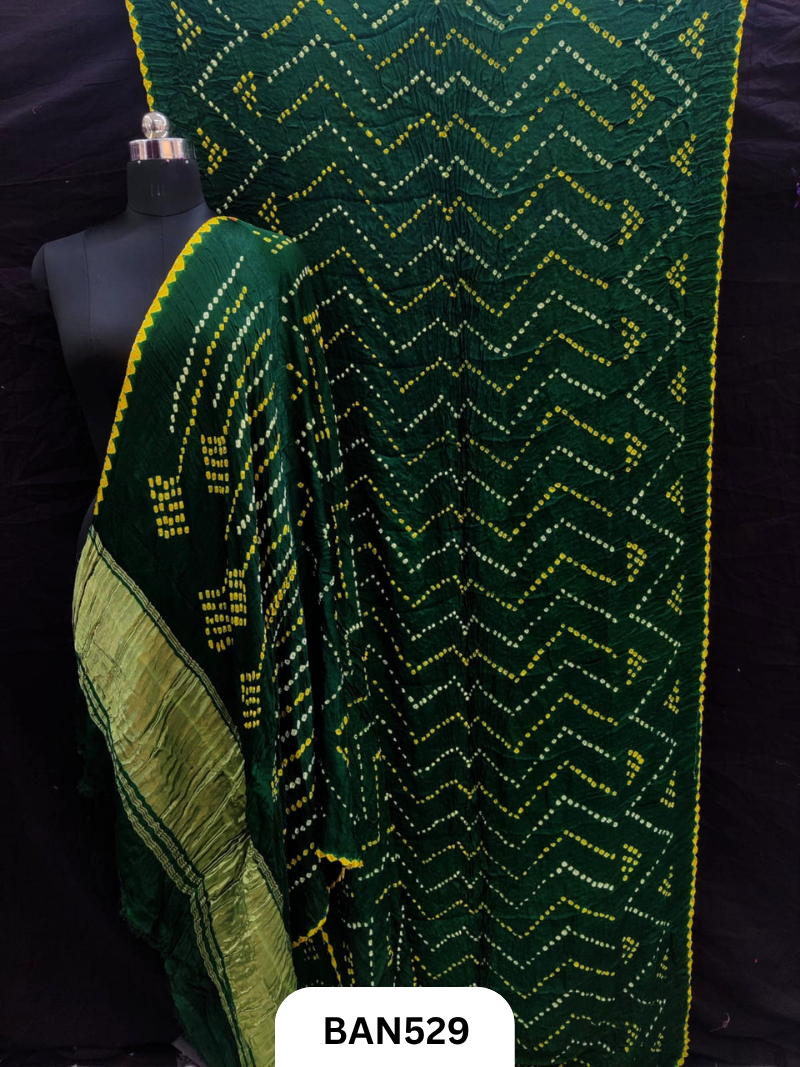 Semi gaji silk tissue pallu zig zag design bandhej saree