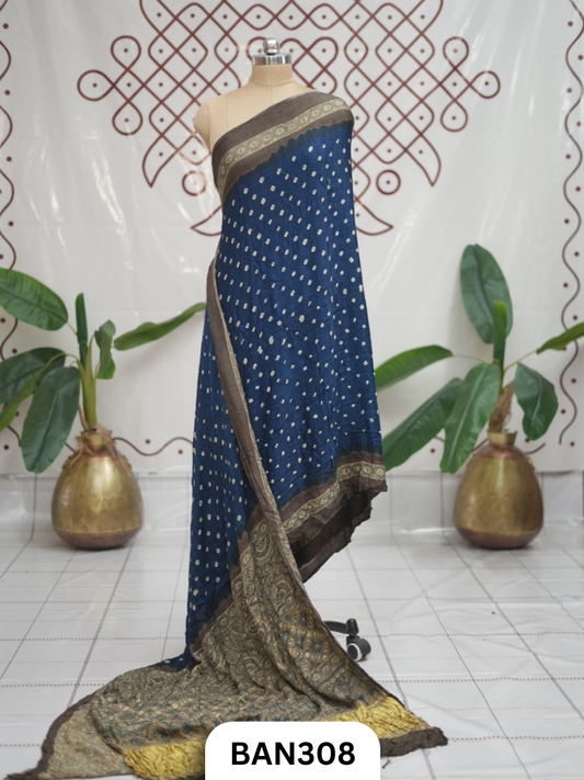 Modal Ajrakh With Bandhini Ladgi Patta Saree