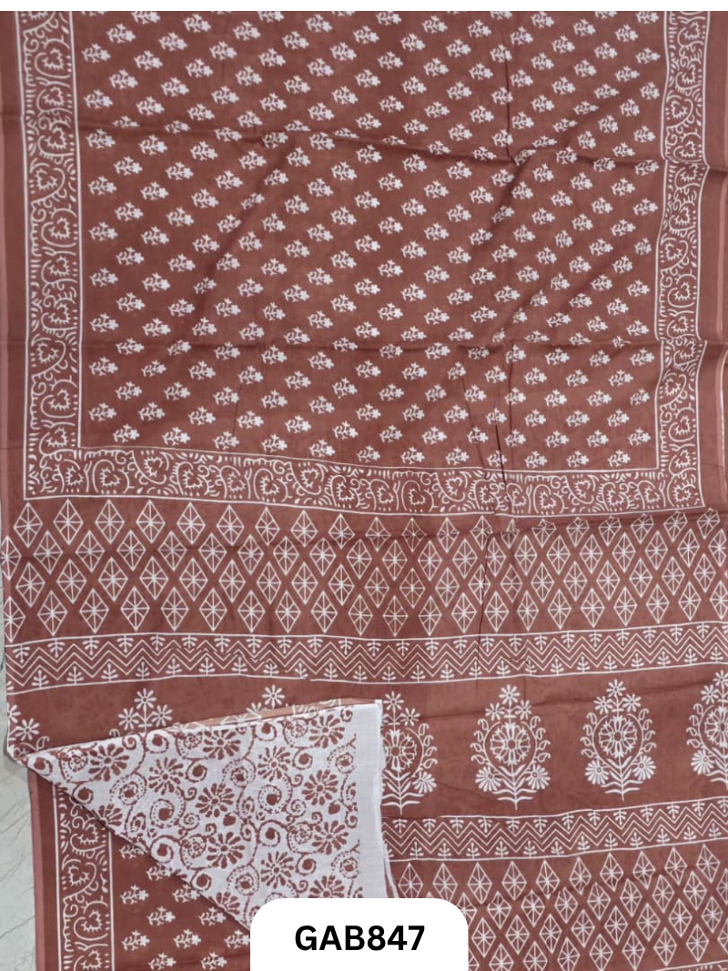 Bagru Block Print Cotton Mulmul Sarees With Running Blouse