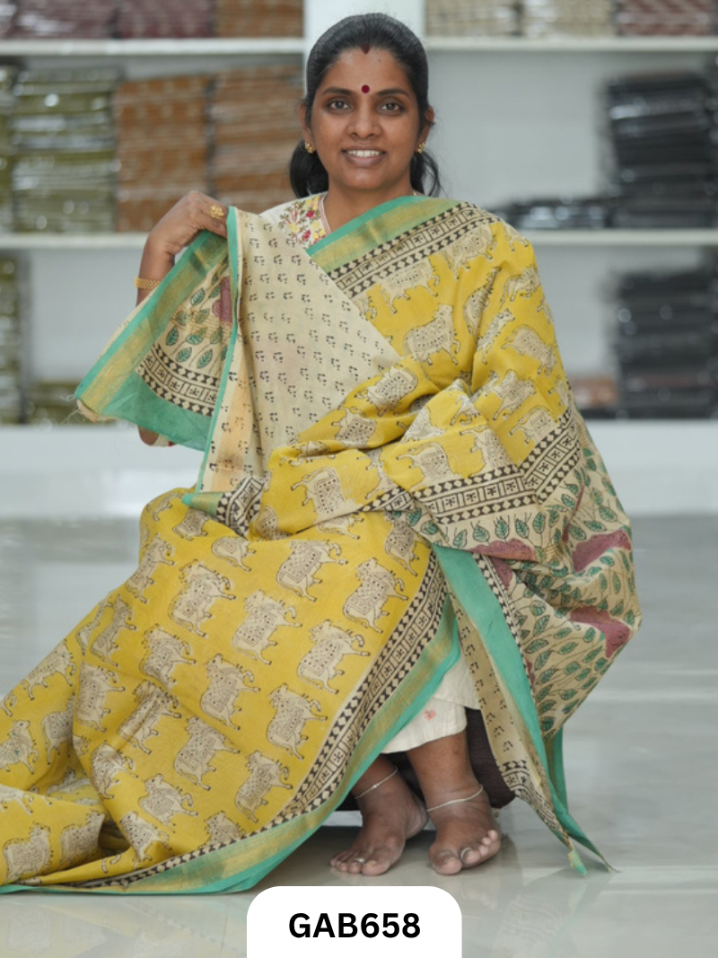 Hand Block Printed Maheshwari Silk Saree