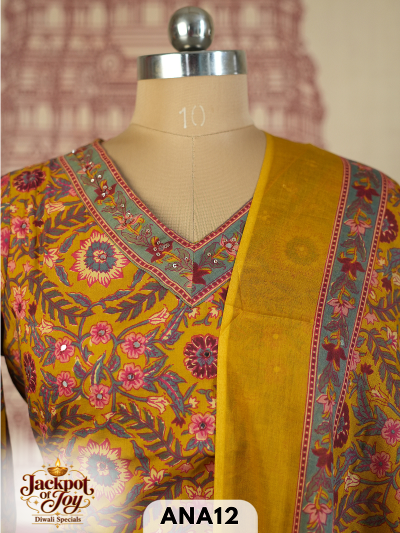 pure mulcotton sangner handblock stitched 3 pcs suit
