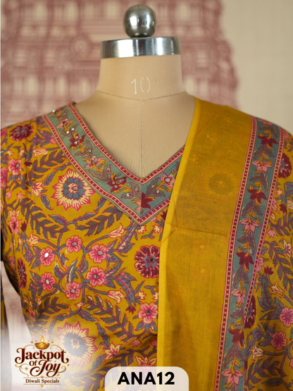pure mulcotton sangner handblock stitched 3 pcs suit