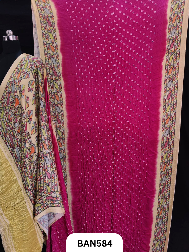 Semi Gaji ts kalamkari digital print pallu, blouse and border with bandhej saree