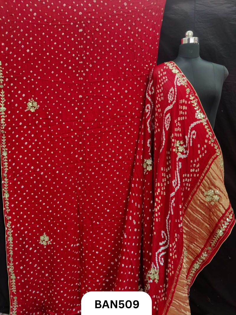 Semi gaji silk tissue pallu dani bandhej saree with khatli handwork
