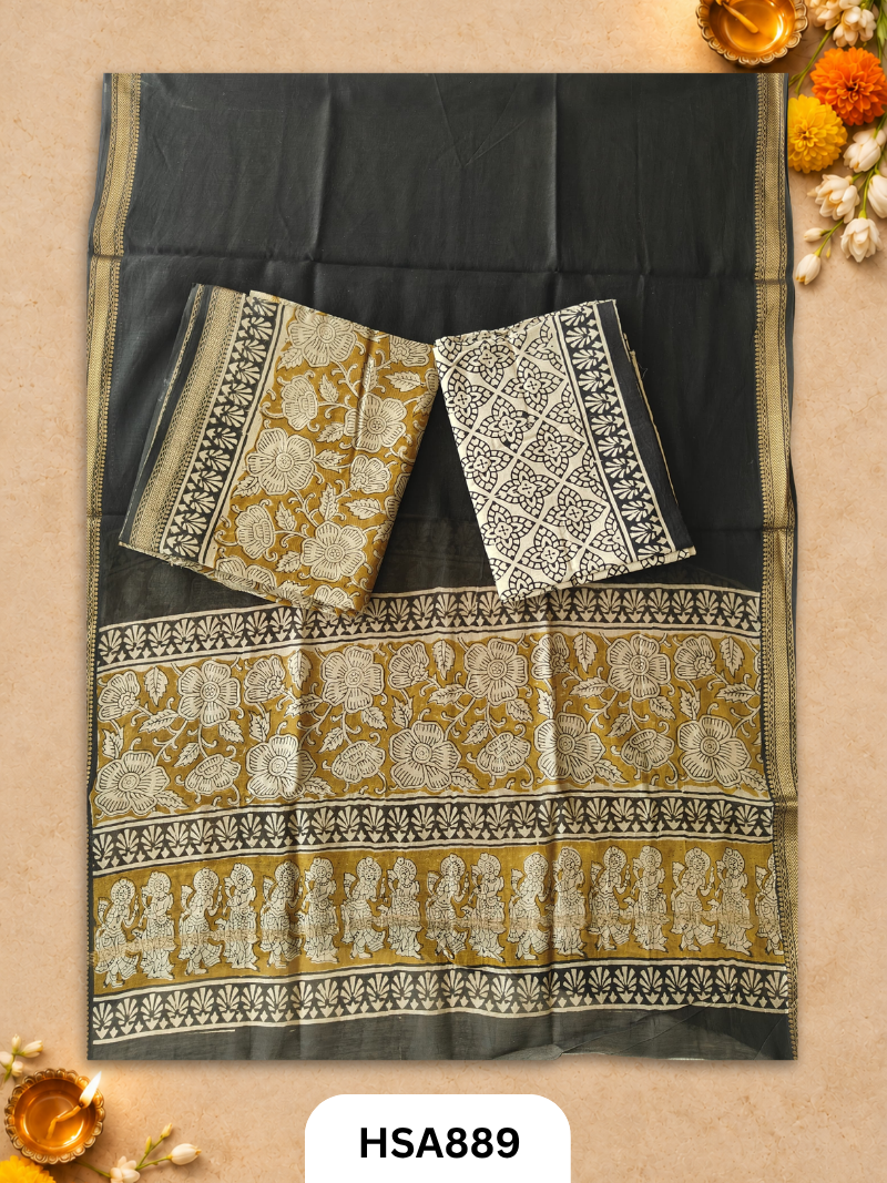 HandBlock Printed Maheshwari Silk Zari Border Top & dupttas 2.5 Mtrs | Bottom cotton 2.50 mtrs