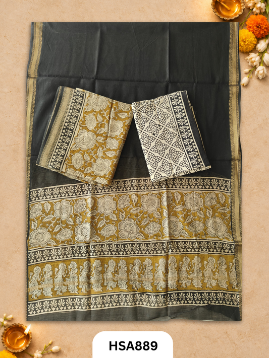 HandBlock Printed Maheshwari Silk Zari Border Top & dupttas 2.5 Mtrs | Bottom cotton 2.50 mtrs