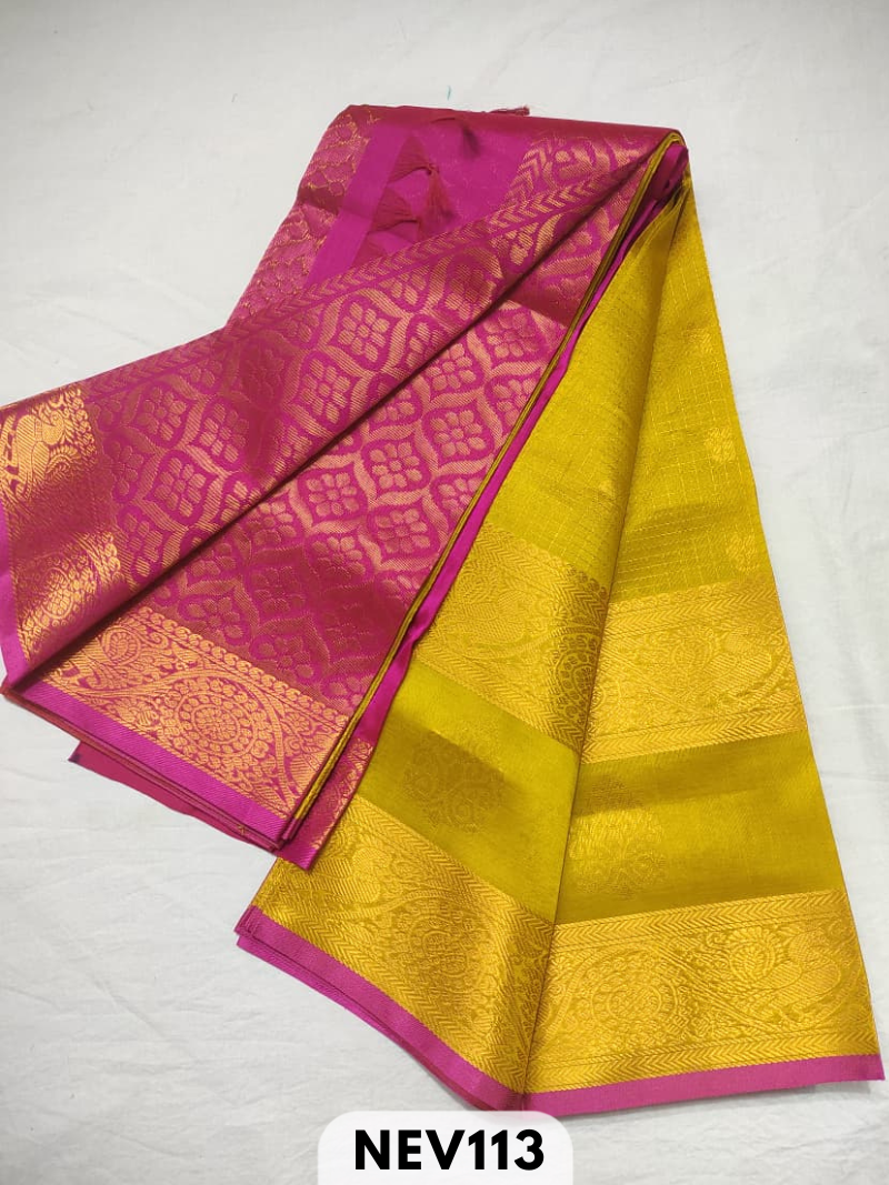 Handloom Silkcotton Long border zari checked butta with rich pallu saree