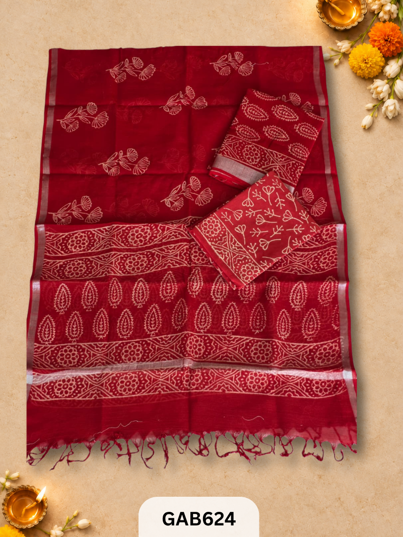 Bagru Hand Block Printed Linen Suits With Zari Border