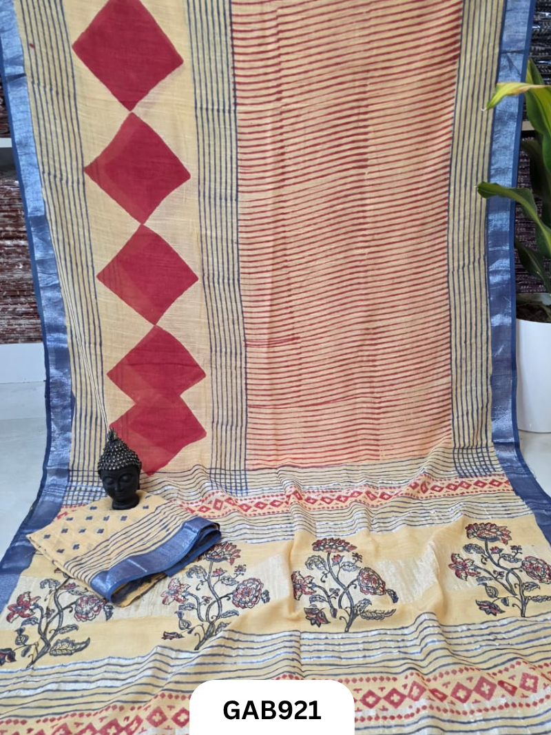 Bagru Handblock Print Linen Saree With Attached Blouse
