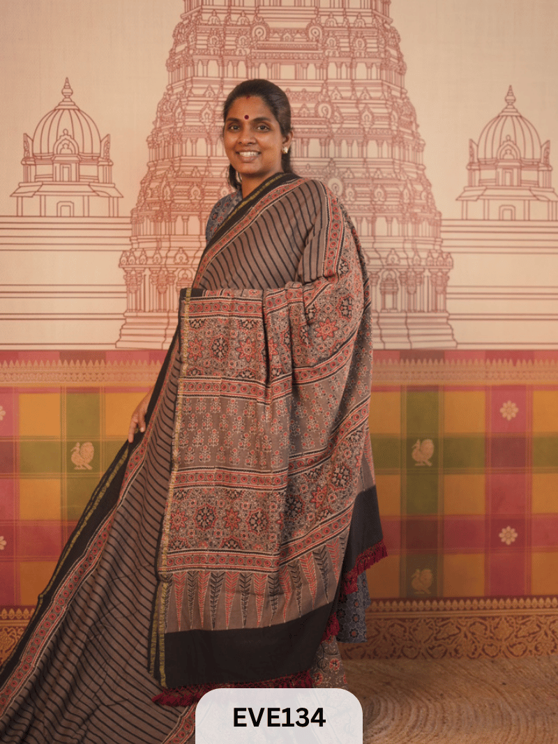 PURE CHANDERI SILK AJRAKH HANDBLOCK SAREE