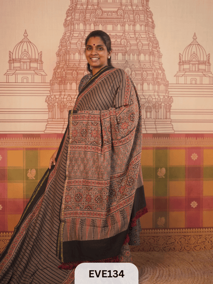 PURE CHANDERI SILK AJRAKH HANDBLOCK SAREE