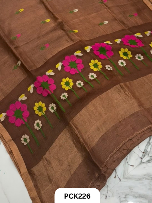 Pure Handloom Linen Silk Saree with Jamdani Weave