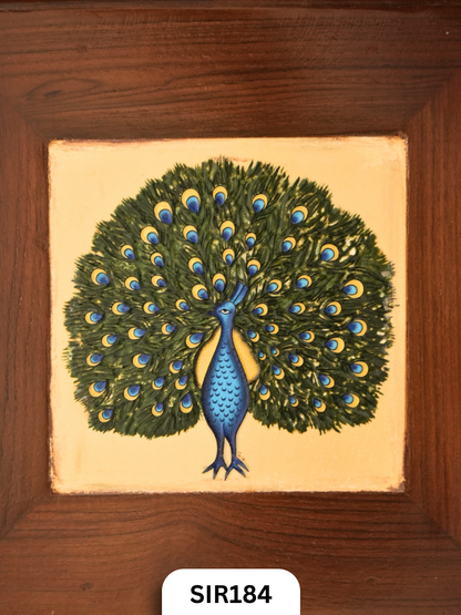 Teak Wood Authentic Athanugudi Tiles Handcrafed Stool Peacock Top