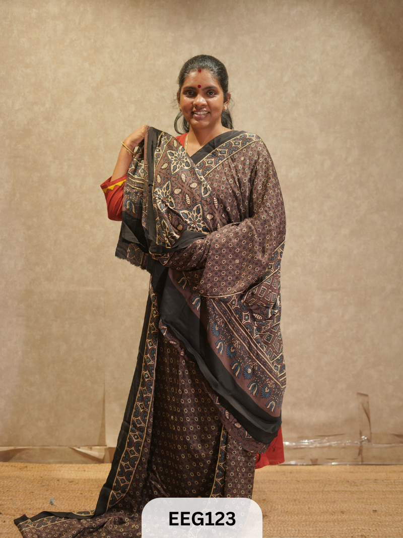 AJRAKH MODAL SAREE WITH KHATLI HANDWORK