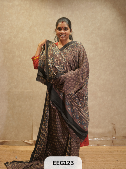 AJRAKH MODAL SAREE WITH KHATLI HANDWORK