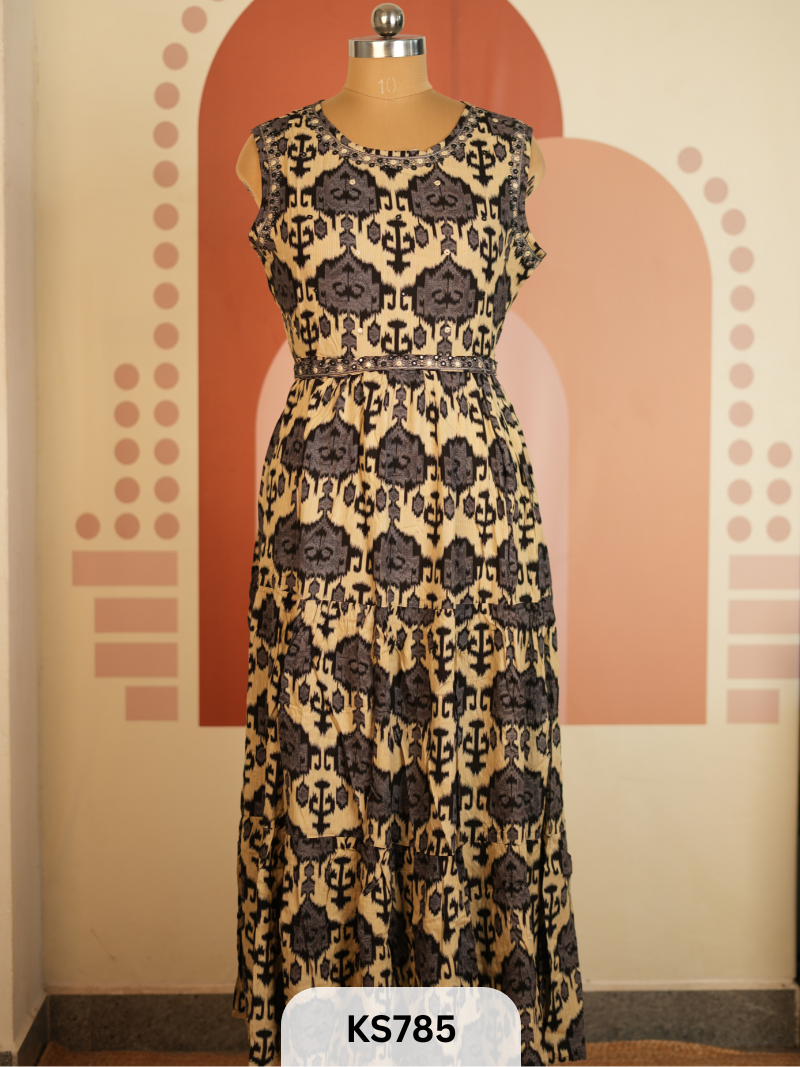 MADNESS- IKKAT VISCOSE LONG GOWN - SLEEVE ATTACHED