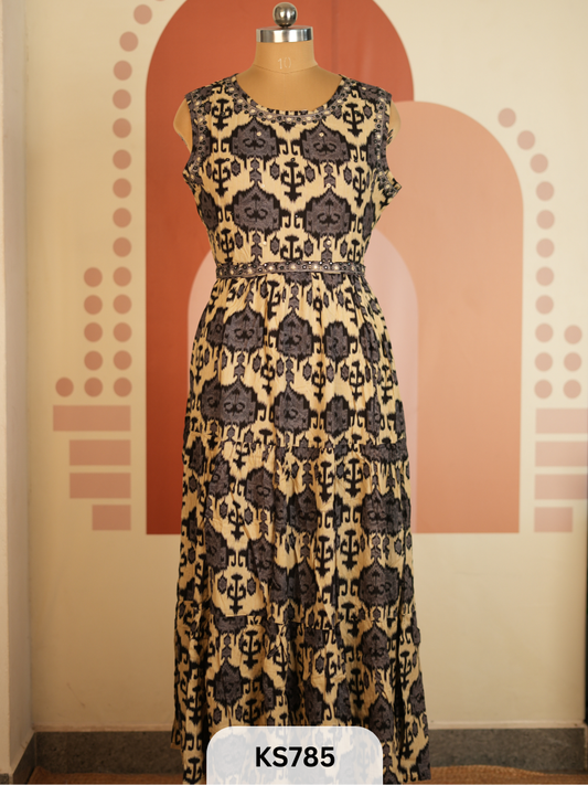 MADNESS- IKKAT VISCOSE LONG GOWN - SLEEVE ATTACHED