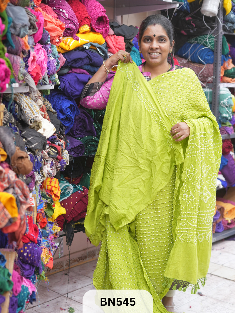 MUL COTTON HEAVY BANDHEJ SAREE WITH JARI TUSSLES