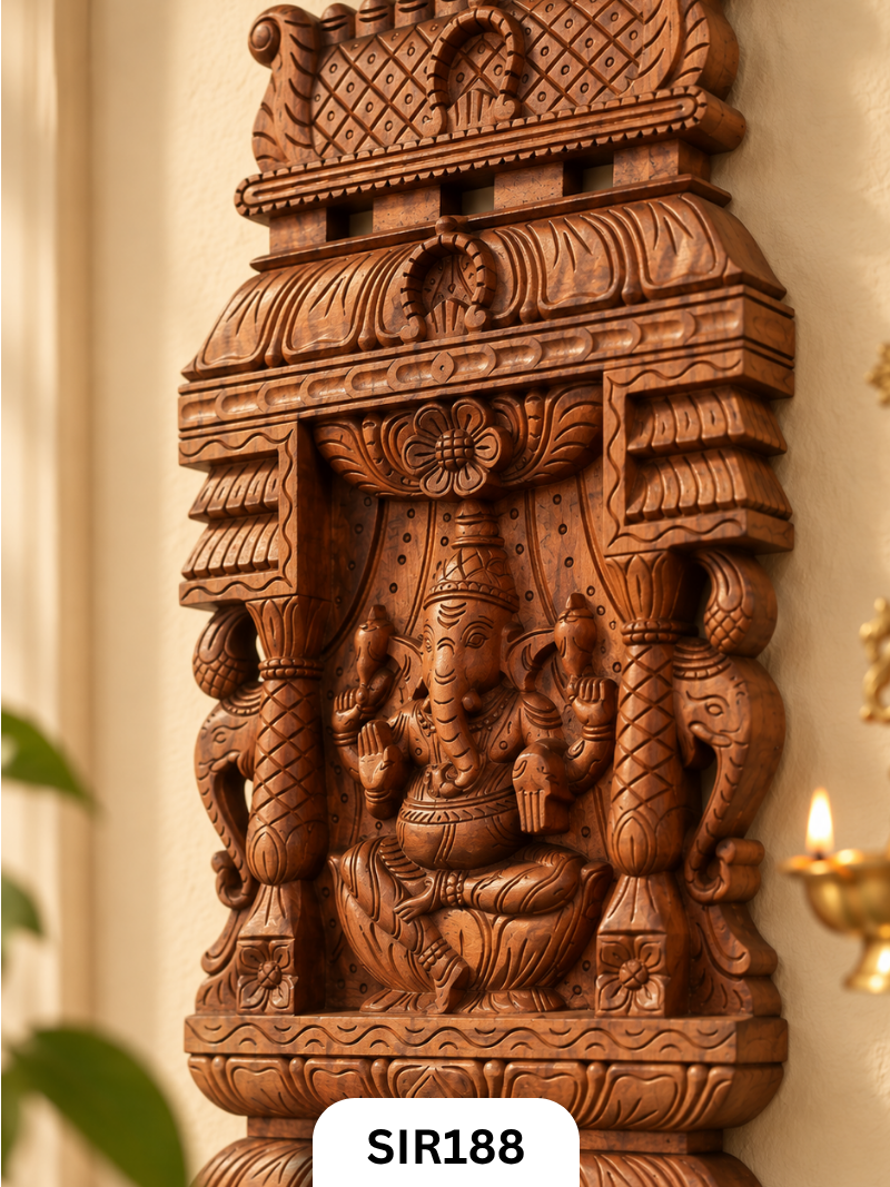 Divine Ganesha Handcrafted Wooden Temple Wall Panel