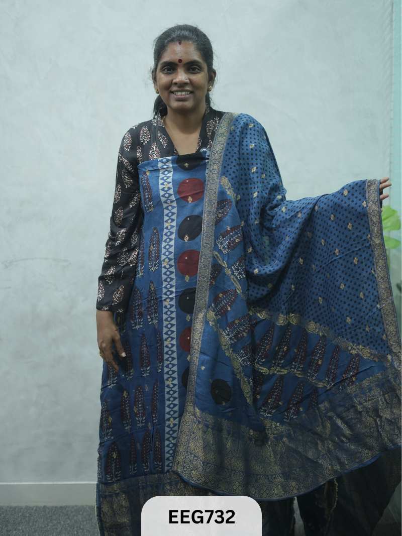 AJRAKH DOLA SILK 2 PCS-UNSTITCHED ( TOP 3.5MTR AND DUPPATA 2.25MTR ) - IMMEDIEATE DISPATCH