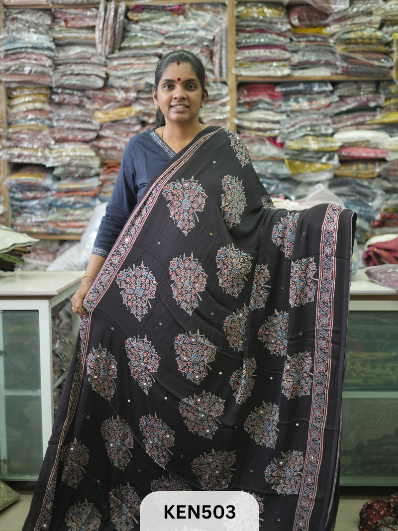 MODAL NATURAL AJRAKH HANDBLOCK SAREE WITH GLUE MIRROR