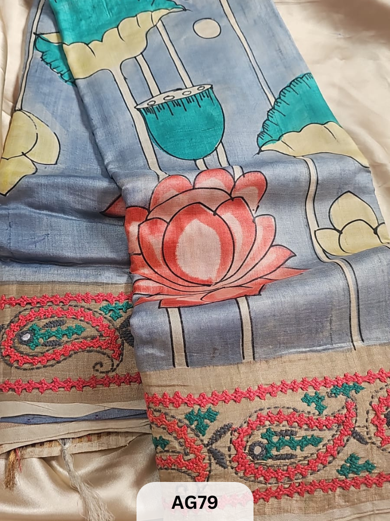 PURE TUSSAR WITH PENKALAMKARI | KUTCHI GUJARATI HAND EMBROIDERY