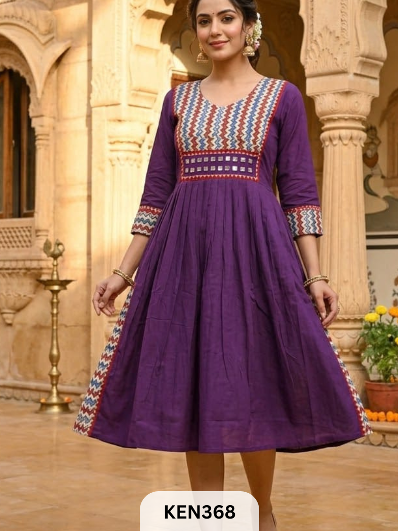 COTTON NATURAL &PLAIN COMBINATION FROCK STYLE KURTI WITH MIRROR WORK