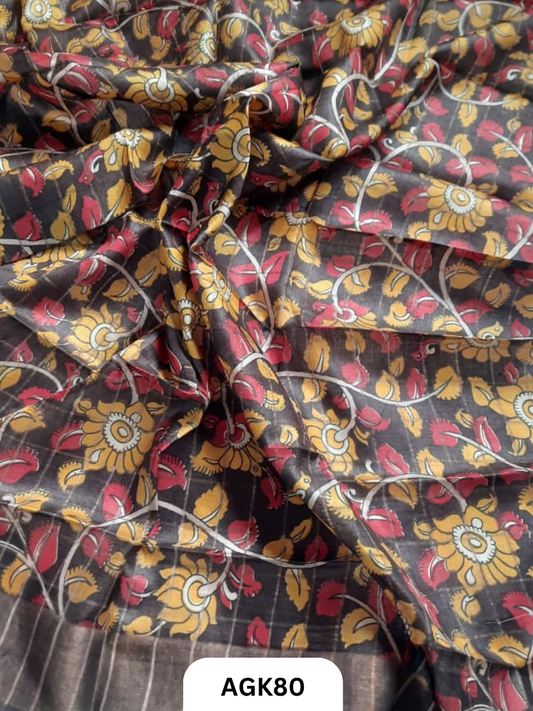 Premium Check Tussar Blouse Piece with Kalamkari Print – 80 CM