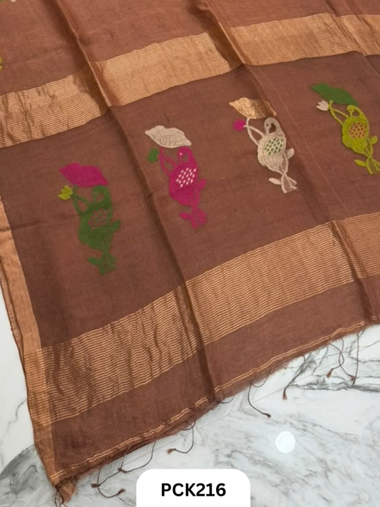Pure Handloom Linen Silk Saree with Jamdani Weave